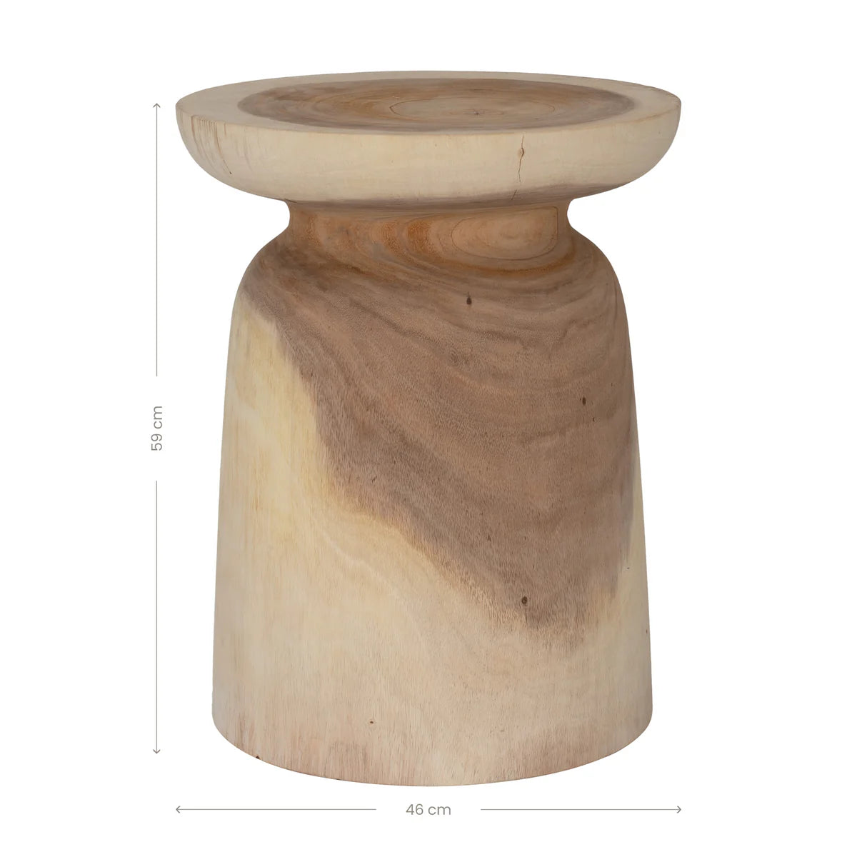 Akoni Side Table – hand-carved munggur wood side table with smooth sanded finish, unique natural design crafted using traditional techniques.  Styled beautifully in this bedroom. Large dimensions.