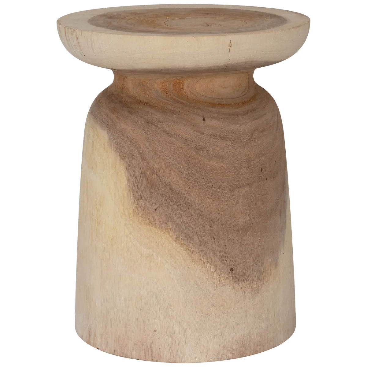 Akoni Side Table – hand-carved munggur wood side table with smooth sanded finish, unique natural design crafted using traditional techniques.  Styled beautifully in this bedroom. Large.