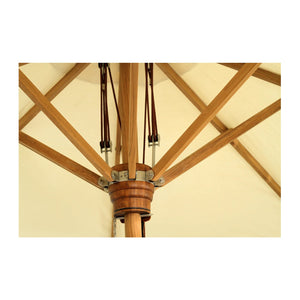 Amalfi Outdoor Parasol with teak pole and marine-grade fittings, round Sunproof Copacobana shade, elegant coastal outdoor umbrella for poolside or garden.  Close up 2.