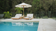 Load image into Gallery viewer, Amalfi Outdoor Parasol with teak pole and marine-grade fittings, round Sunproof Copacobana shade, elegant coastal outdoor umbrella for poolside or garden.  Resort style living poolside.