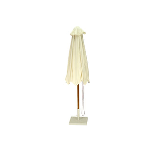 Amalfi Outdoor Parasol with teak pole and marine-grade fittings, round Sunproof Copacobana shade, elegant coastal outdoor umbrella for poolside or garden.  Resort style living poolside.  Folded down.