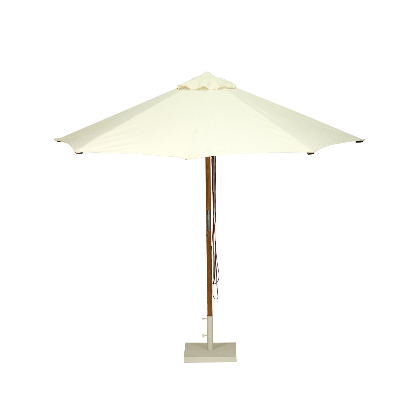 Amalfi Outdoor Parasol with teak pole and marine-grade fittings, round Sunproof Copacobana shade, elegant coastal outdoor umbrella for poolside or garden.  Resort style living poolside.  Front perspective.