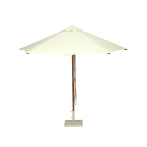 Amalfi Outdoor Parasol with teak pole and marine-grade fittings, round Sunproof Copacobana shade, elegant coastal outdoor umbrella for poolside or garden.  Resort style living poolside.  Front perspective.