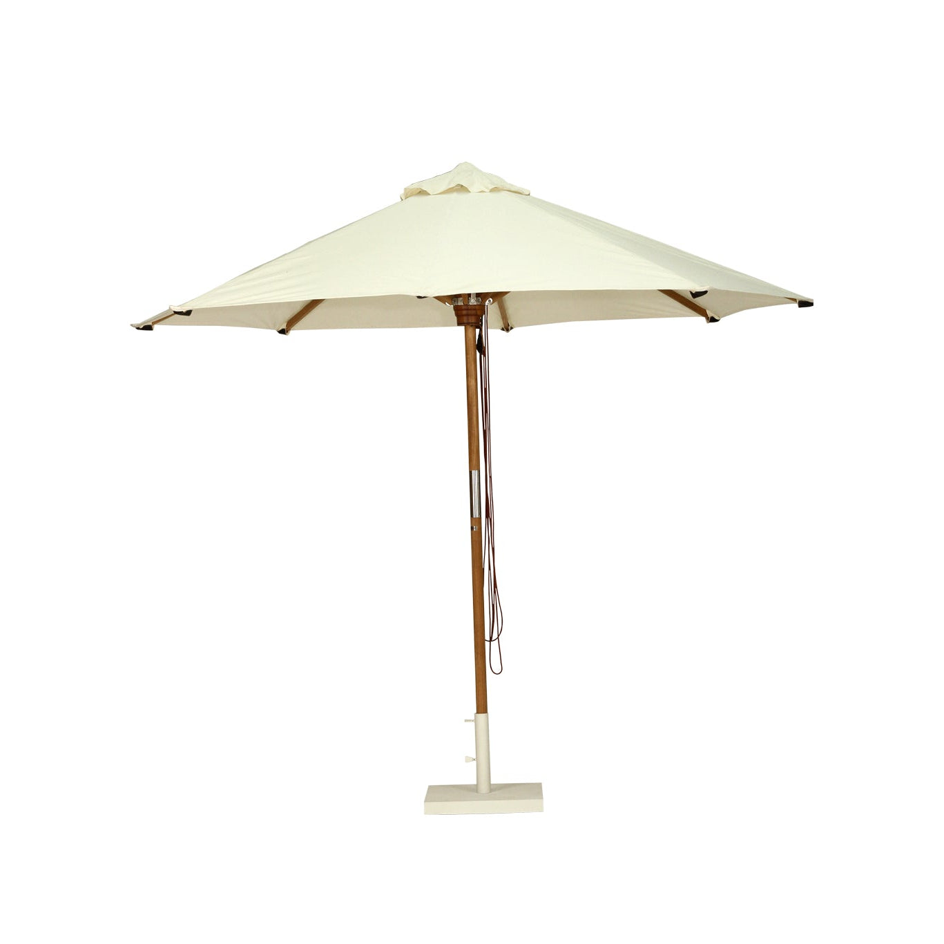 Amalfi Outdoor Parasol with teak pole and marine-grade fittings, round Sunproof Copacobana shade, elegant coastal outdoor umbrella for poolside or garden.