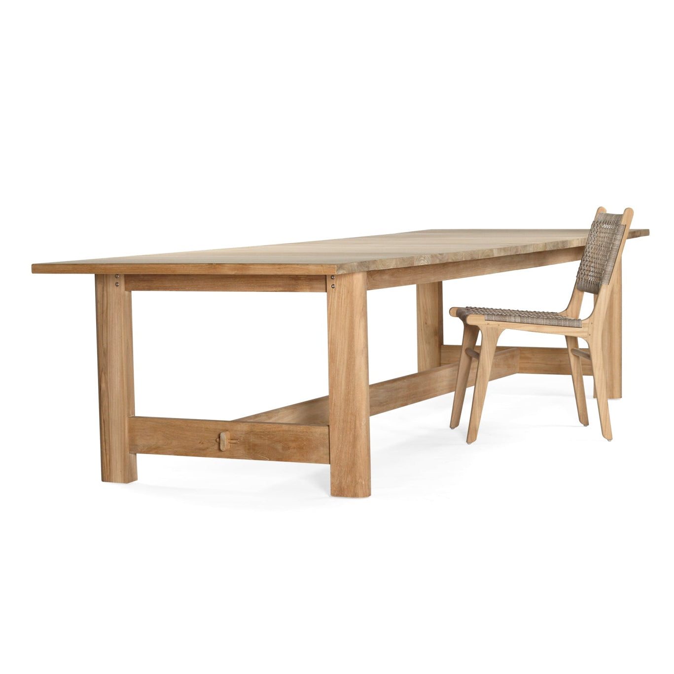 Amalfi outdoor dining table in A-grade teak with dining chair showing seating position 2