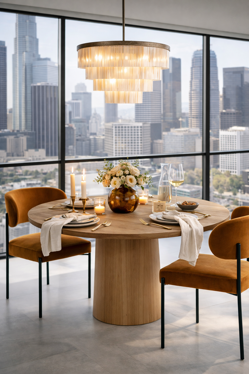 Dining table set with chairs in a room with large windows showing a cityscape.