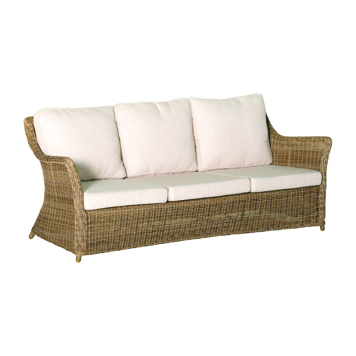 Ashford outdoor three-seater sofa in Natural synthetic weave with light seat and back cushions, front angled view