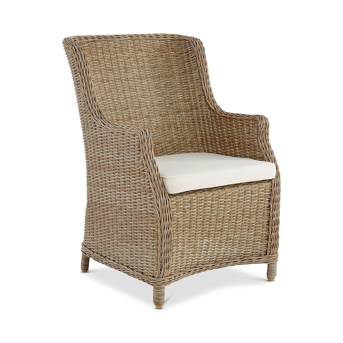 Ashford outdoor dining chair in natural synthetic weave with curved arms and a light seat cushion, front angled view