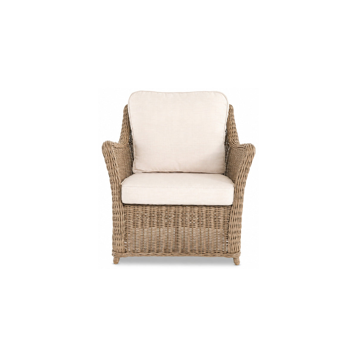 Ashford outdoor lounge chair in Natural, front view showing the seat cushion, back cushion and woven arms
