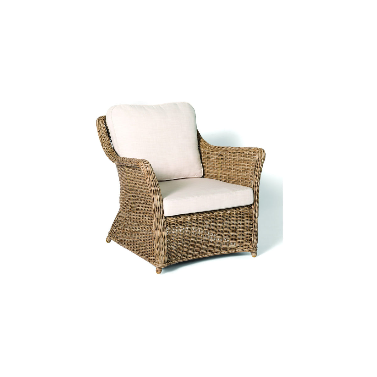 Ashford outdoor lounge chair in Natural synthetic weave with light seat and back cushions, front angled view