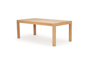 Austin Dining Table crafted from solid American Oak with a finely sanded surface and natural raw finish, built for durability and timeless style. Side angle perspective 1