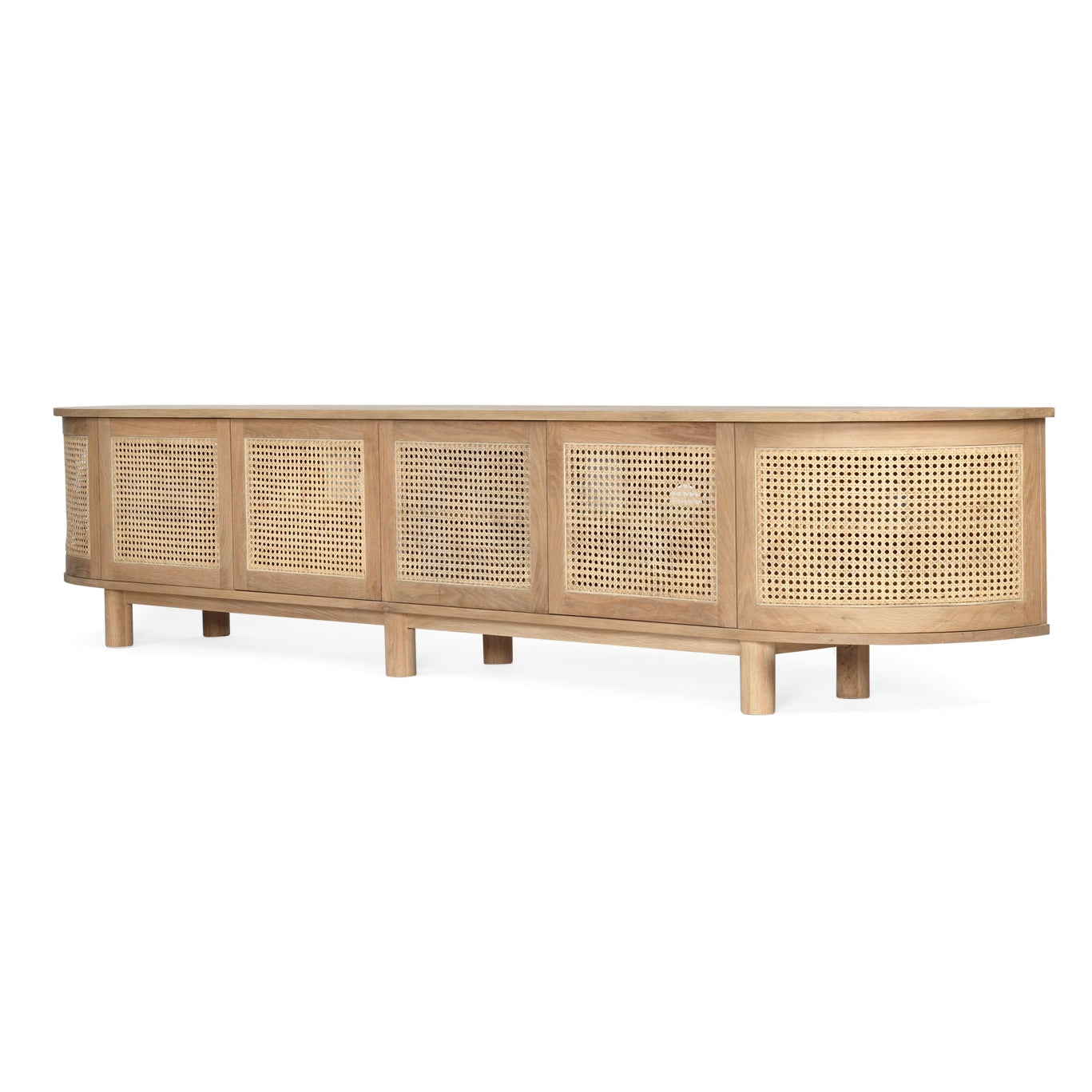 Beach six door curved oak entertainment unit with rattan panels – angled front view