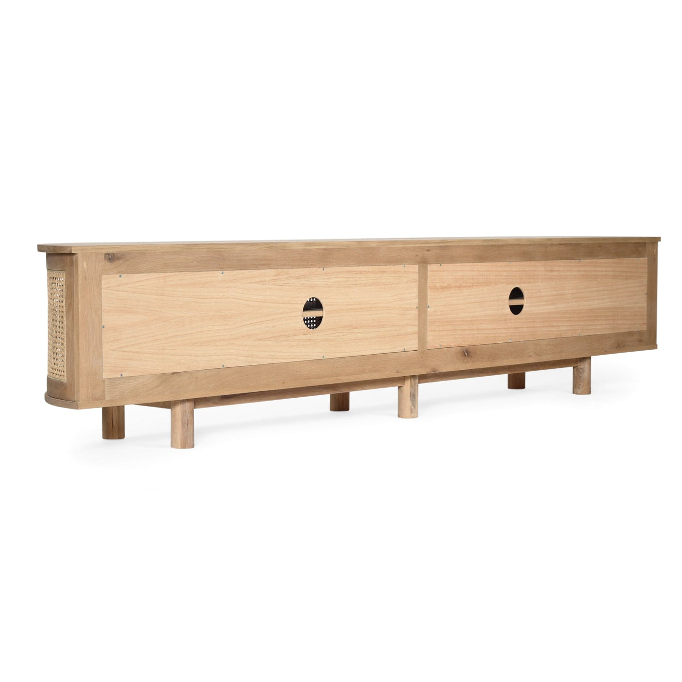 Back view of curved oak entertainment unit showing rear panel and construction detail