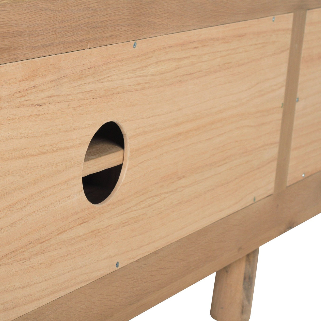 Back view of curved oak entertainment unit showing rear panel and construction detail - close up