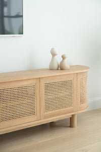 Beautiful Amercian Oak six door entertainment unit with rattan detailed doors and curved ends, Magnolia Lane 4