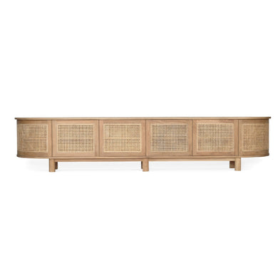 Beautiful Amercian Oak six door entertainment unit with rattan detailed doors and curved ends, Magnolia Lane - front view
