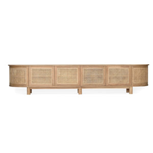 Beautiful Amercian Oak six door entertainment unit with rattan detailed doors and curved ends, Magnolia Lane - front view
