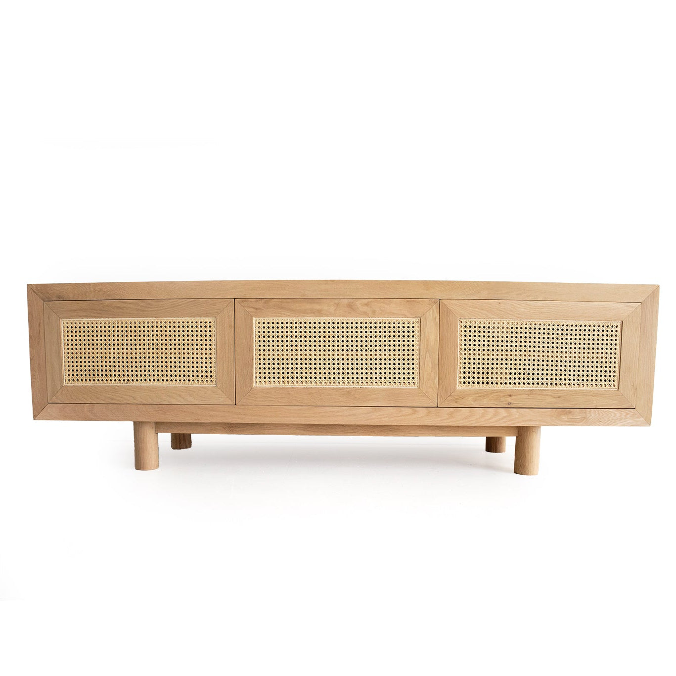 Beach 3 door entertainment unit in solid American oak with rattan doors front view