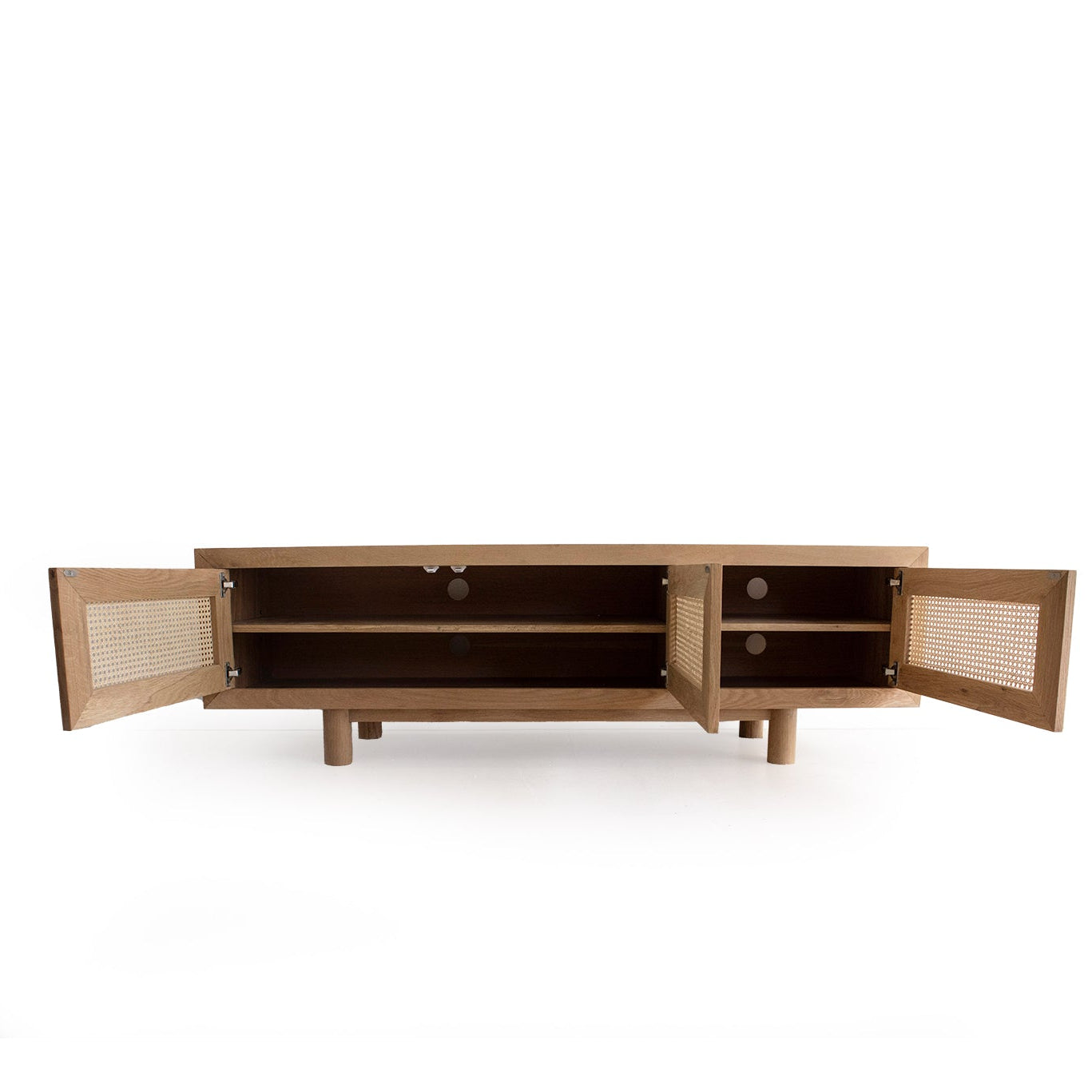 Entertainment unit with adjustable shelving and three door storage open view