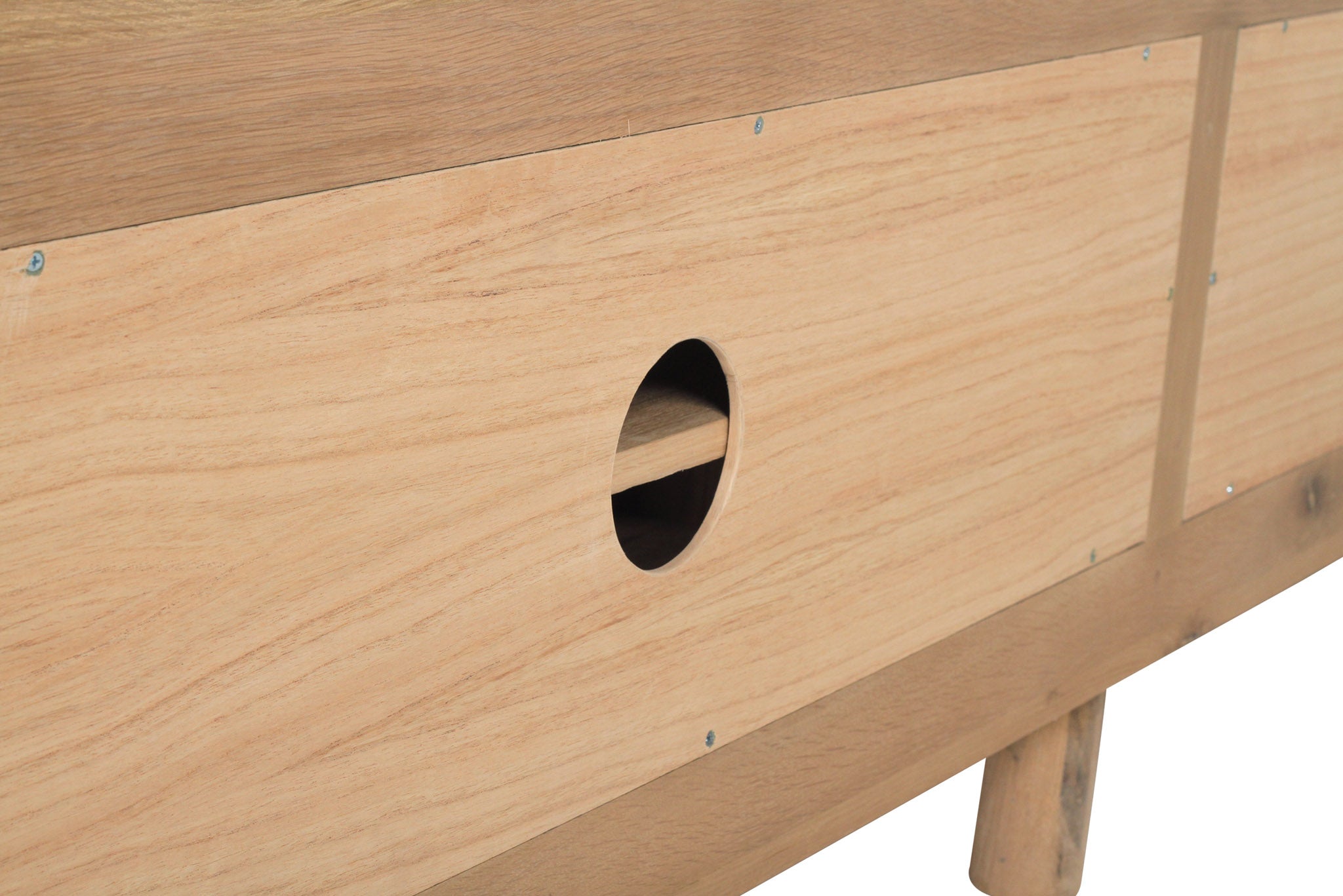 Entertainment unit with curved end panels in solid oak back view