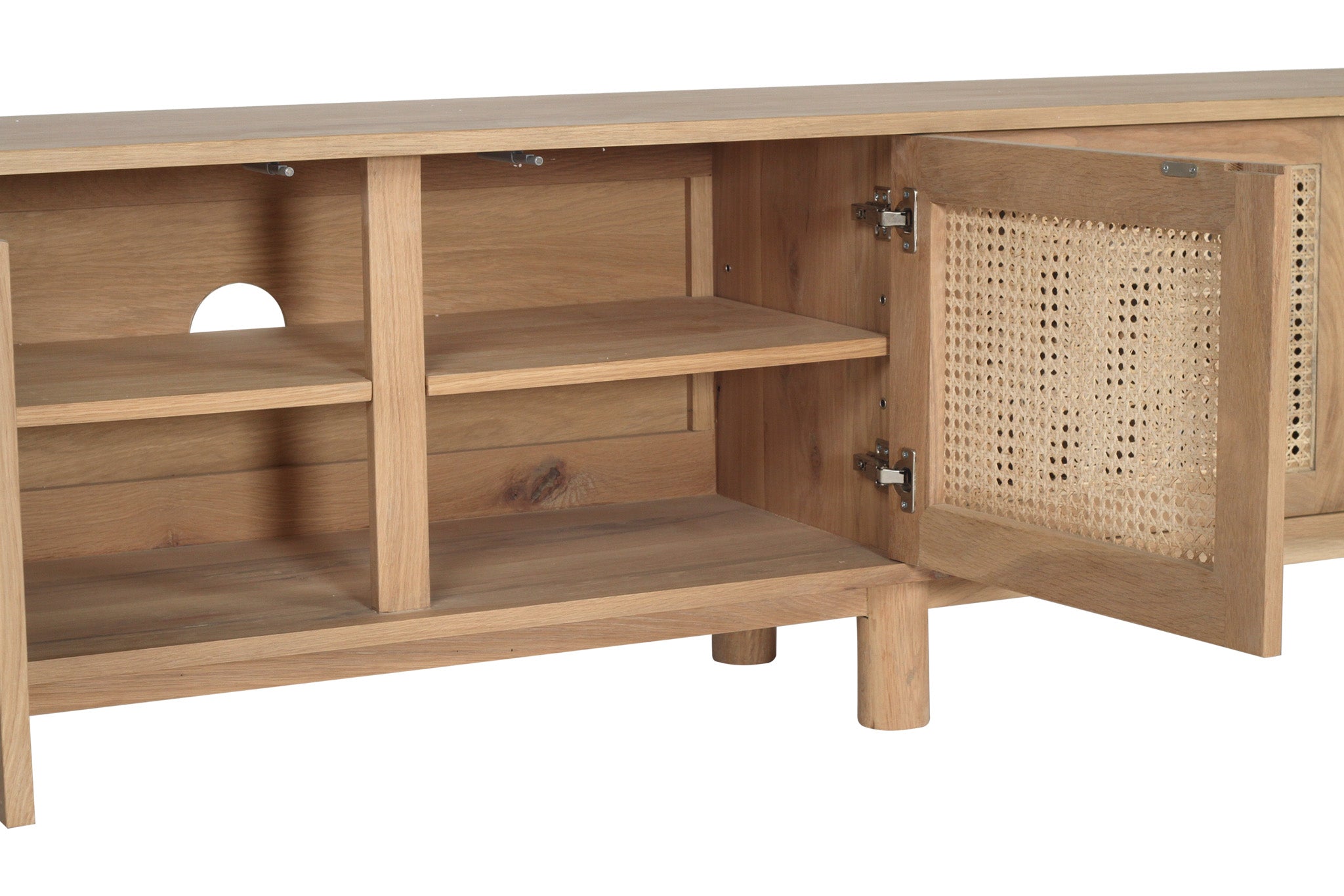 Interior storage of 5 door entertainment unit with adjustable centre shelving open view