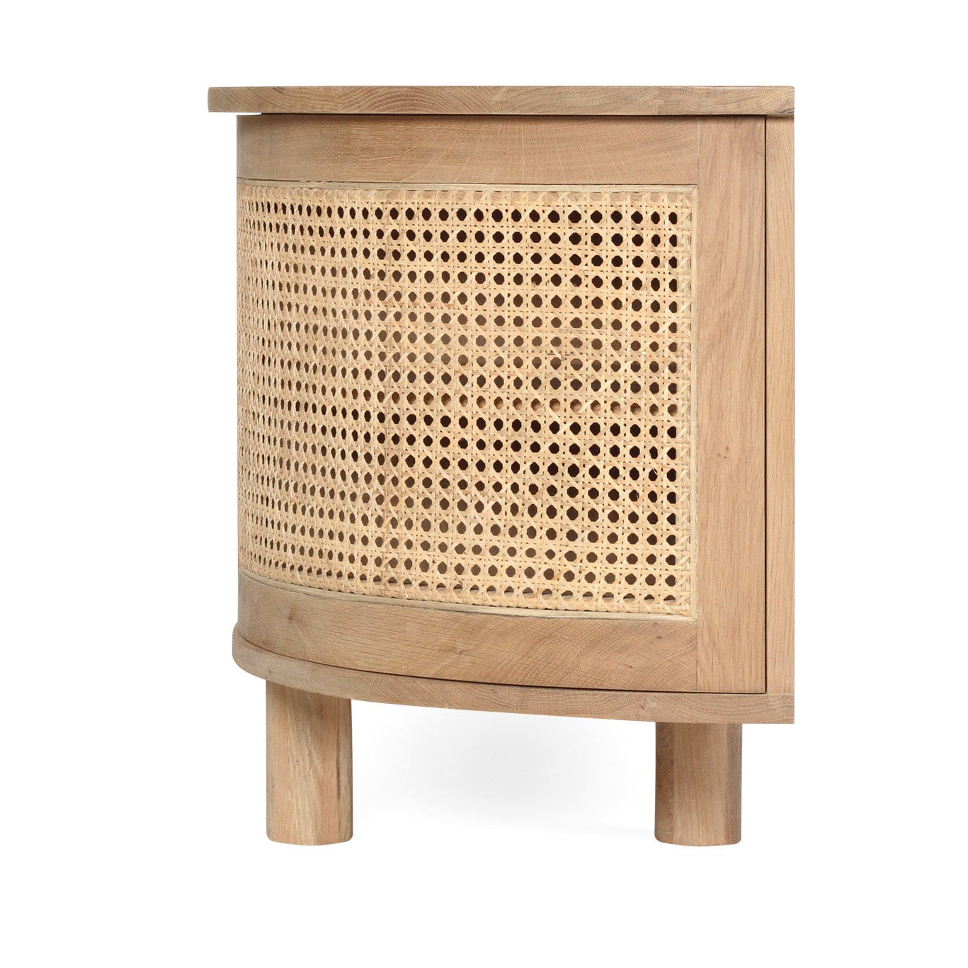 Entertainment unit with curved end panels in solid oak side view