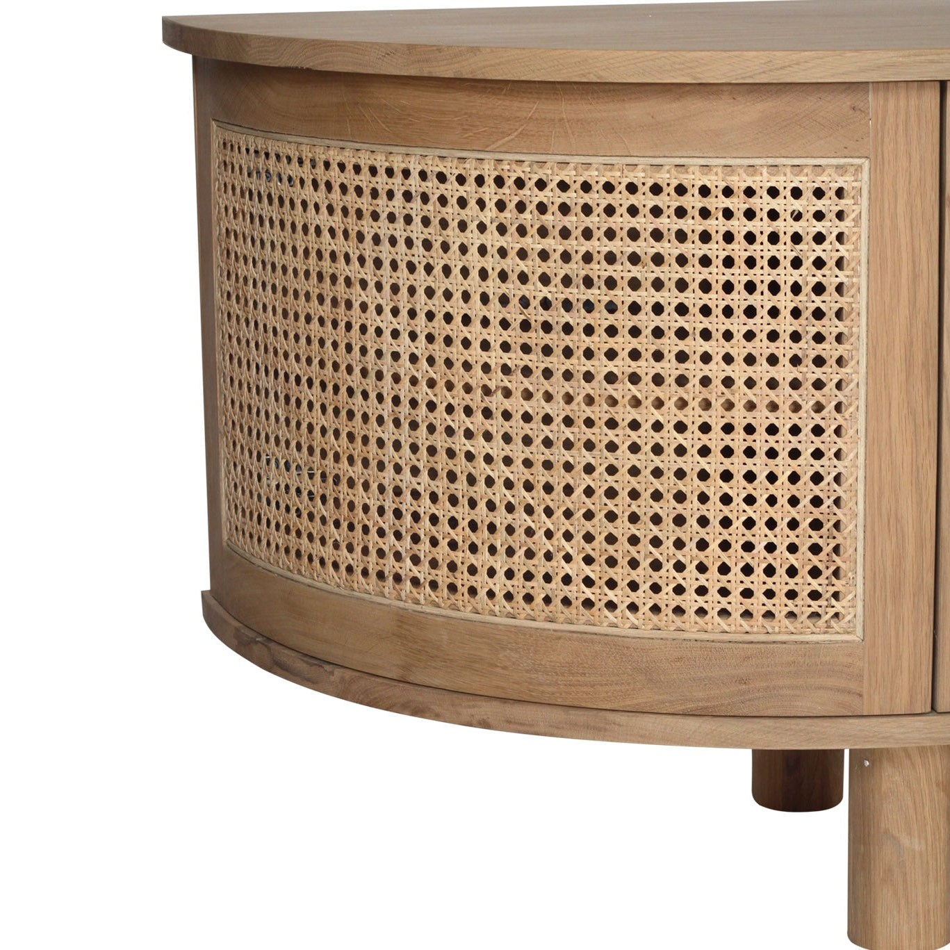 Curved end panel detail on solid oak entertainment unit close up