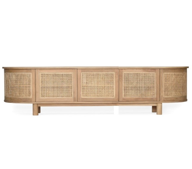 Beautiful Amercian Oak five door entertainment unit with rattan detailed doors and curved ends, Magnolia Lane - front view