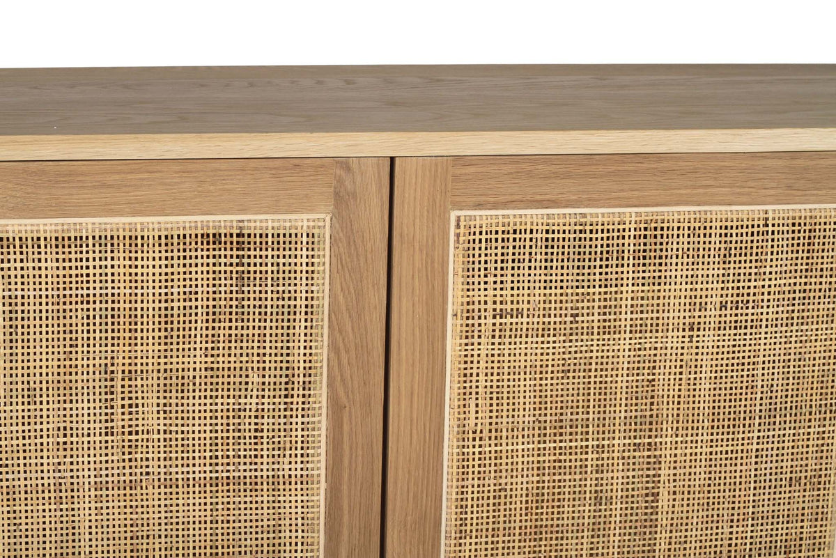 Beach House 300cm natural oak and rattan sideboard, close-up of the rectangular woven rattan door panels and oak frames