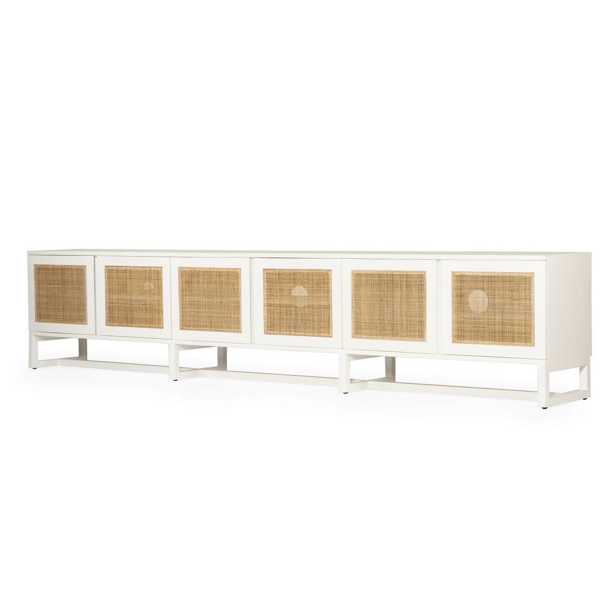 Beach House 300cm white and rattan entertainment unit, angled front view showing the satin white cabinet and six woven rattan doors