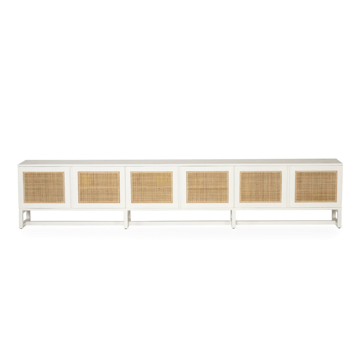 Beach House 300cm white and rattan entertainment unit, front view showing the full 300cm-wide cabinet