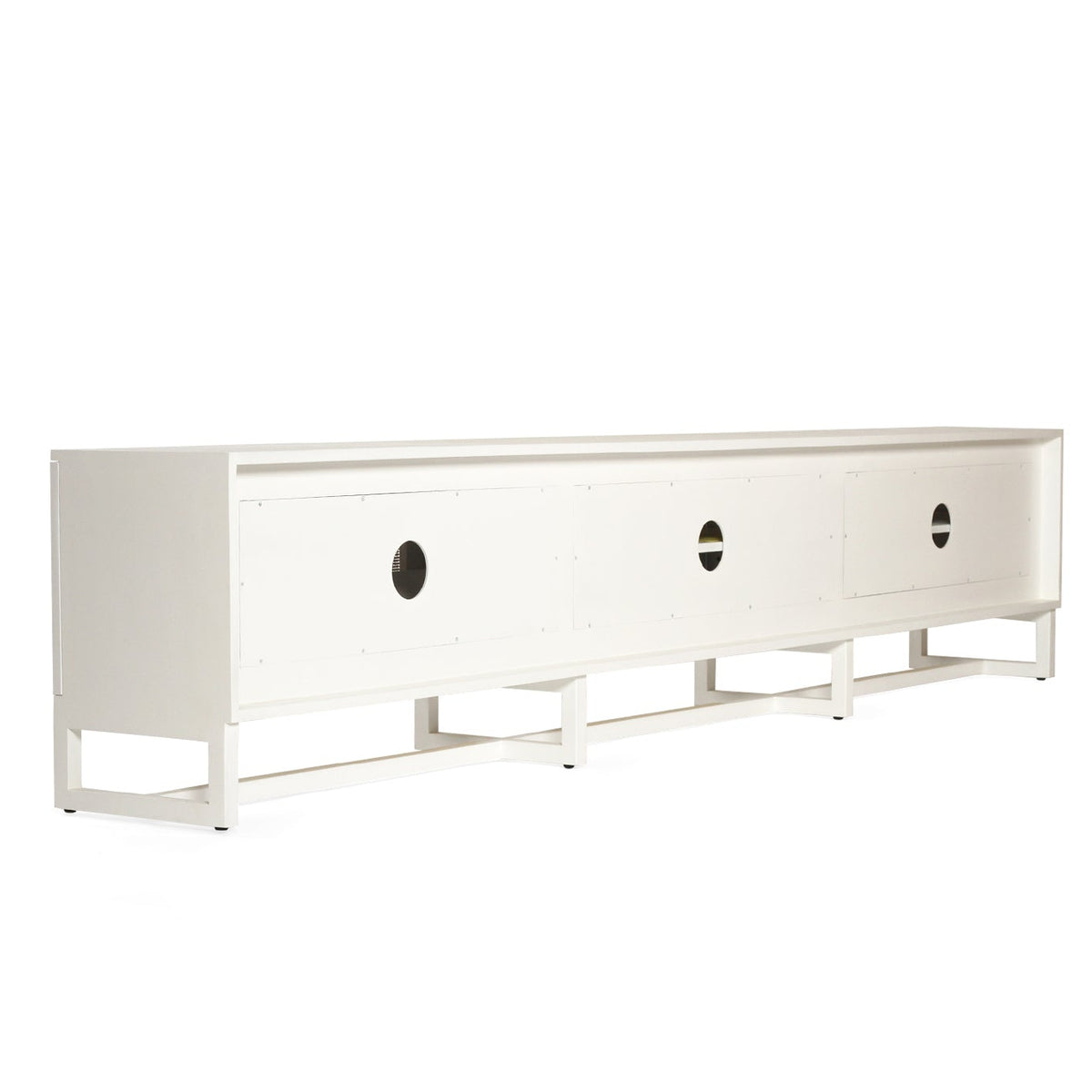 Beach House 300cm white and rattan entertainment unit, rear three-quarter view showing the back panel and three cable openings