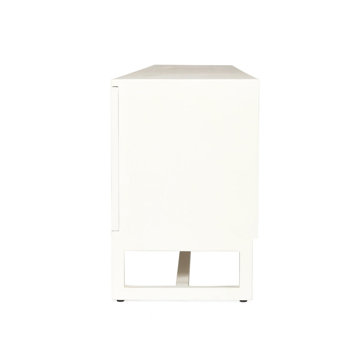 Beach House 300cm white and rattan entertainment unit, side view showing the white panel and raised timber base