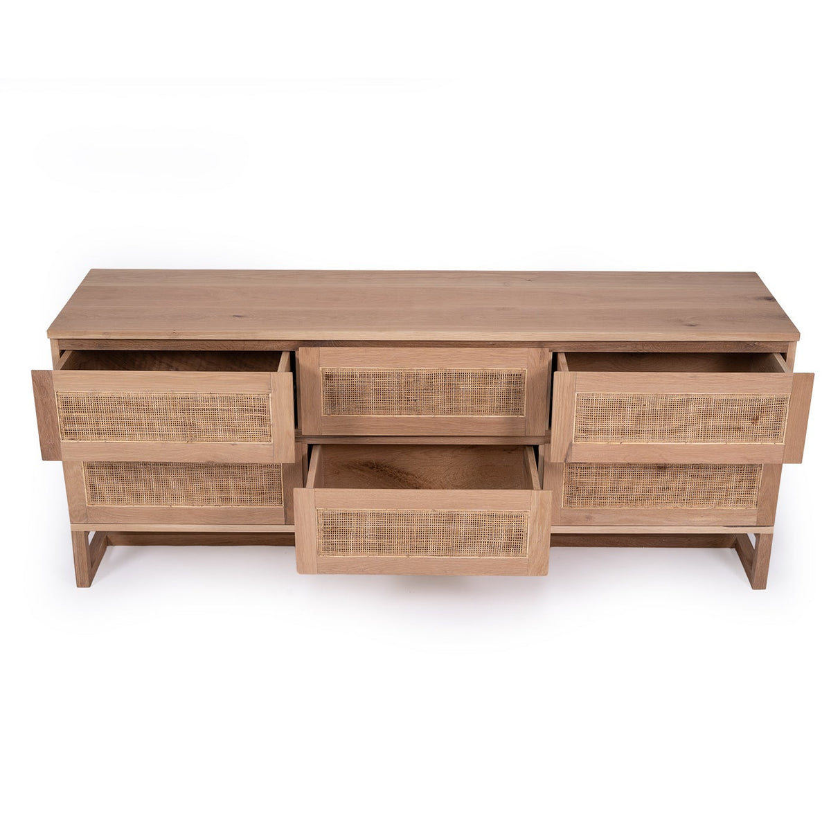 Beach House six-drawer oak chest with drawers open to show storage