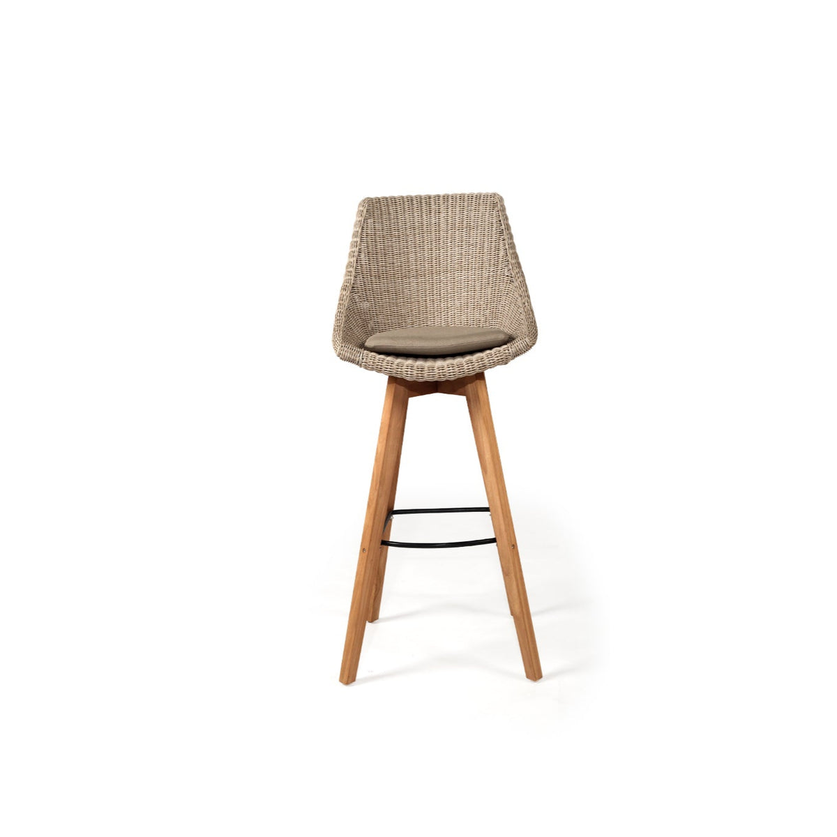 Beach House mushroom outdoor counter stool, front view showing the woven backrest, seat cushion and teak frame