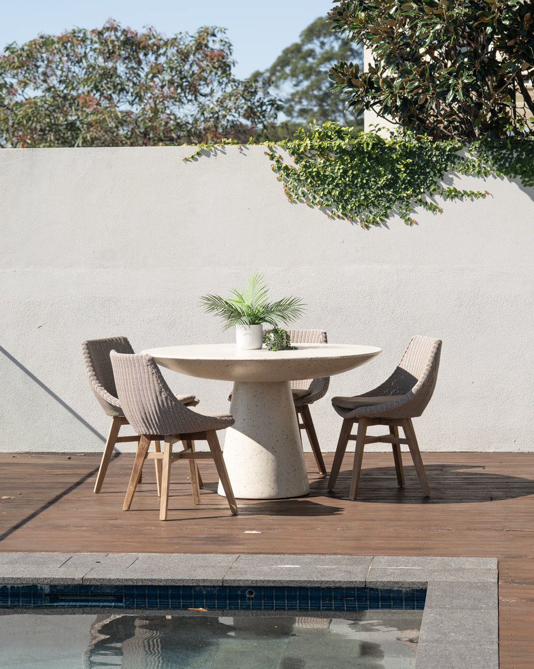 Outdoor dining setting with Beach House Mushroom Viro cord chairs and natural teak furniture by the pool