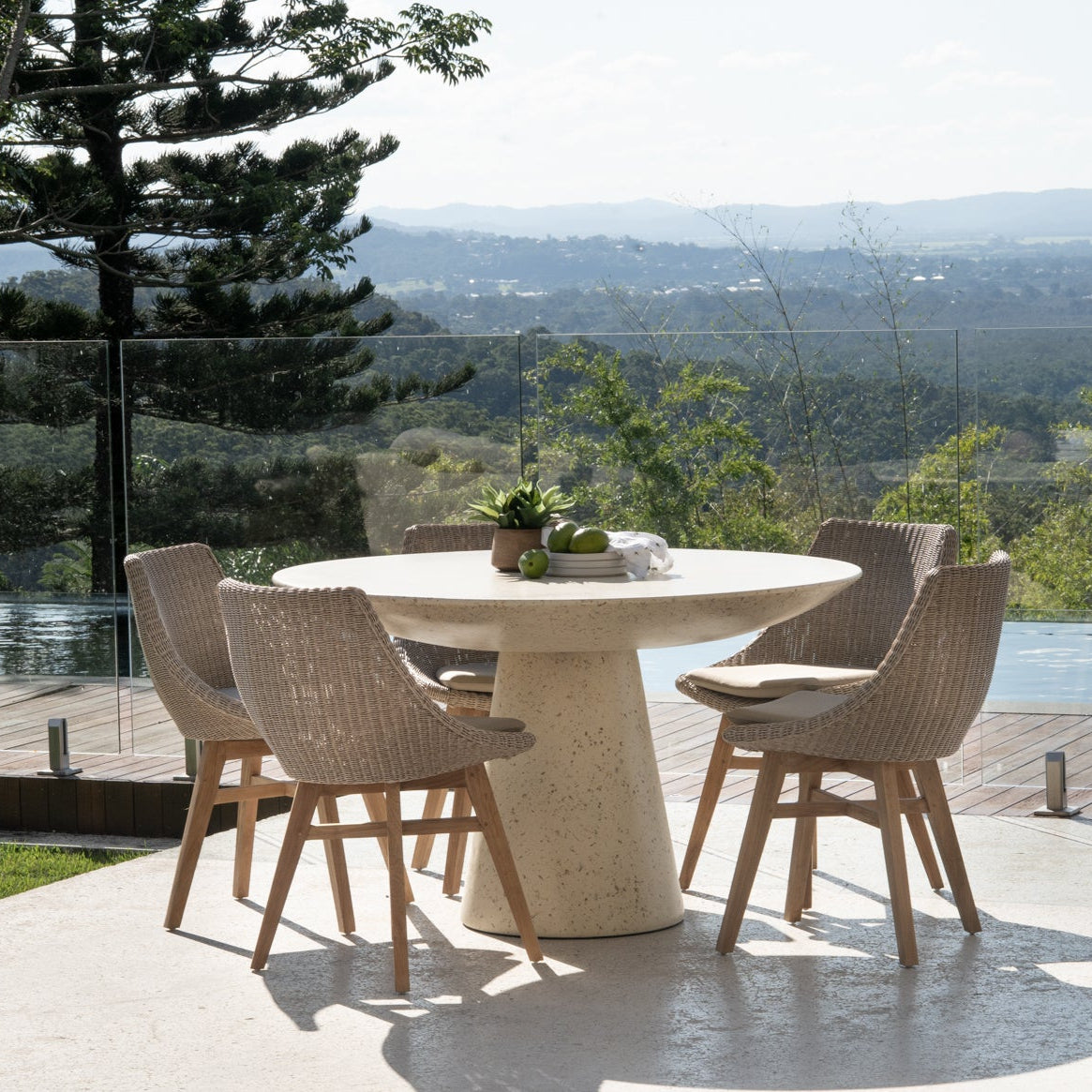 Mushroom Beach House Outdoor Dining Chairs styled in a resort-inspired outdoor entertaining area