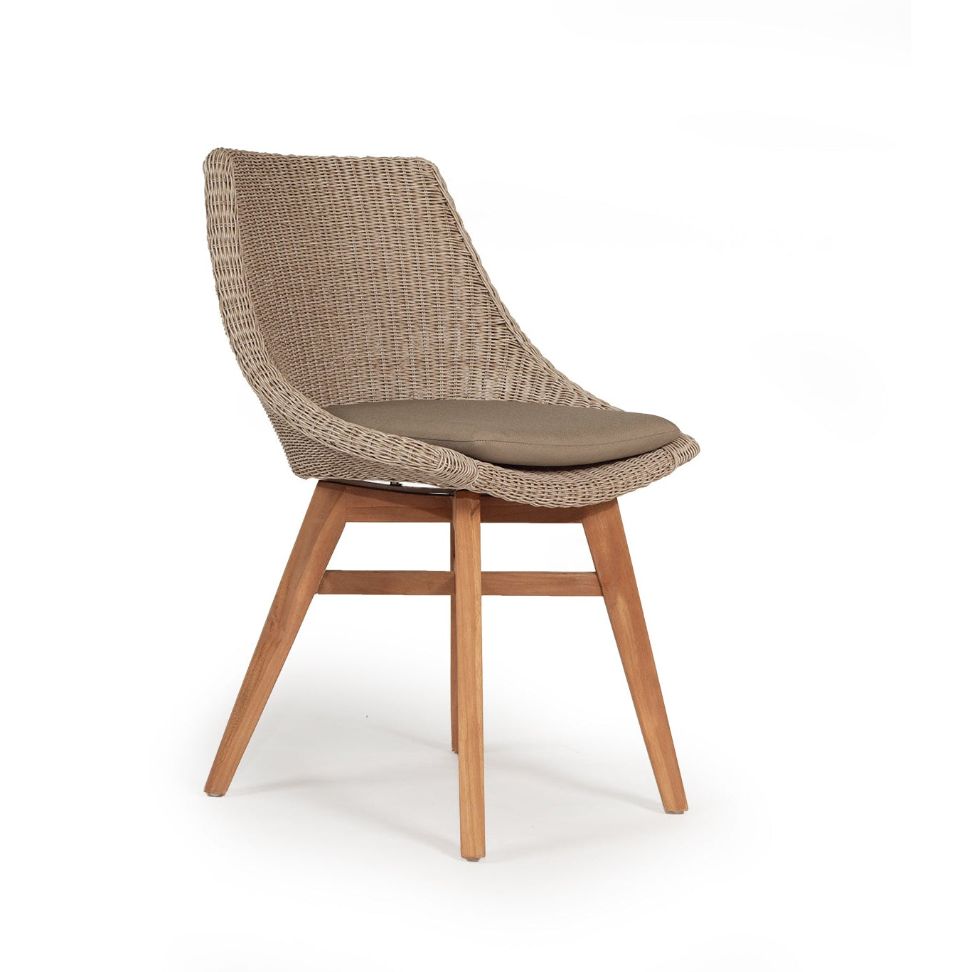 Angled view of Beach House Outdoor Dining Chair with natural teak frame and Mushroom Viro cord