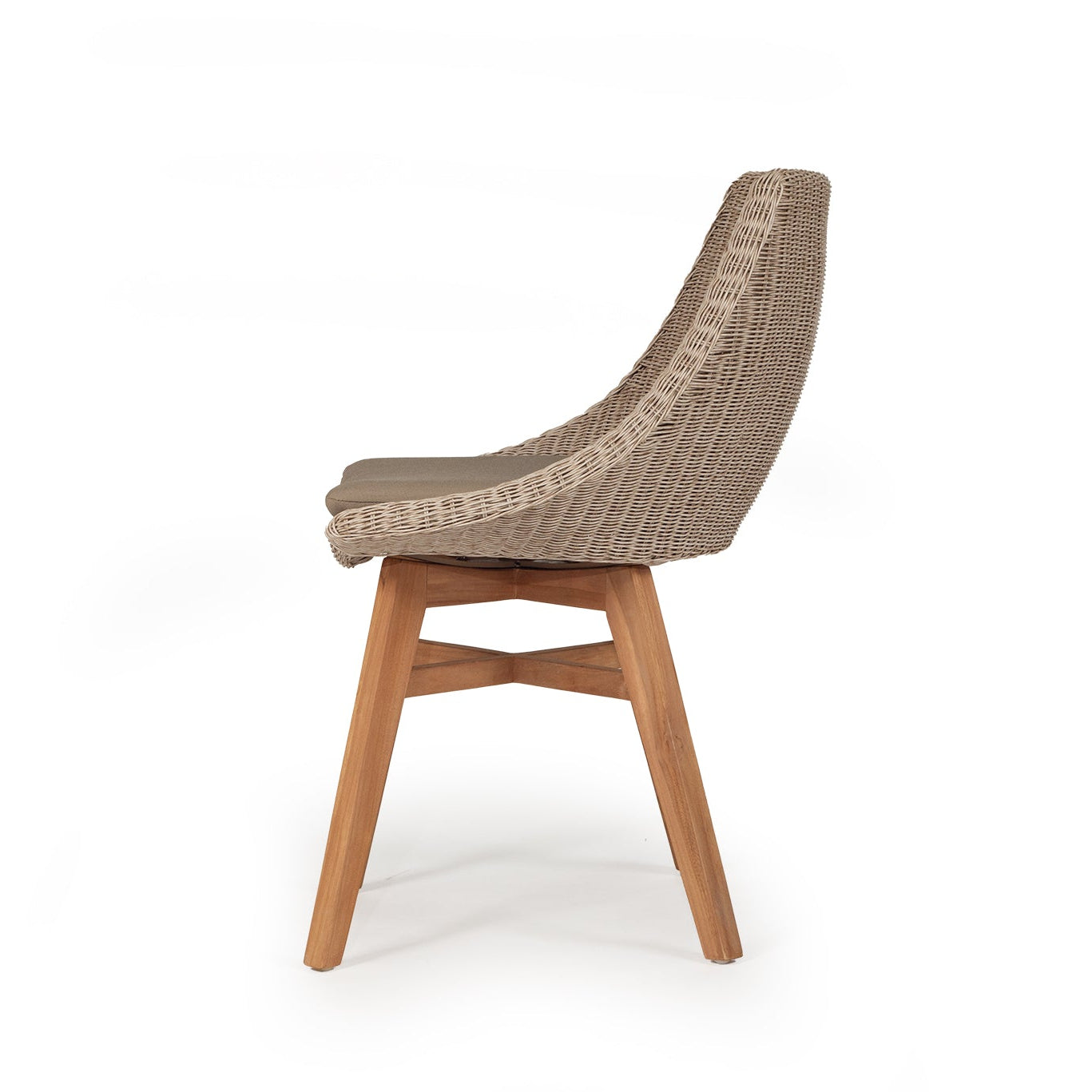 Side view of Beach House Outdoor Dining Chair with solid teak frame and Mushroom woven cord