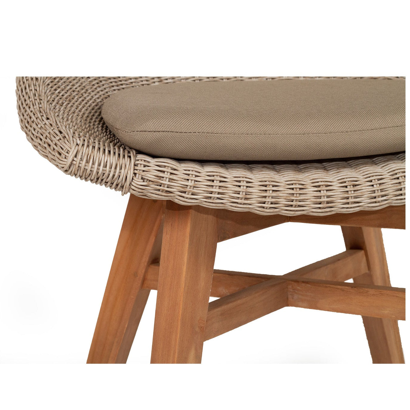 Solid teak frame detail of Beach House Outdoor Dining Chair with natural fine-sanded finish