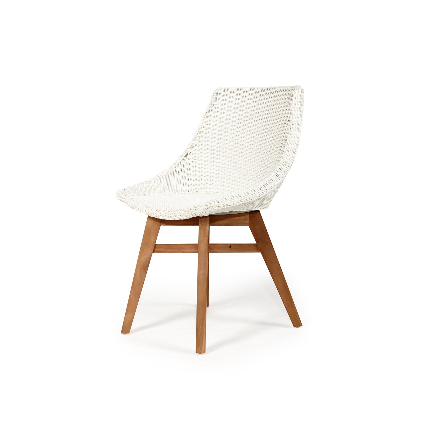 Angled view of Beach House Outdoor Dining Chair with natural teak frame and white woven cord - no cushion.