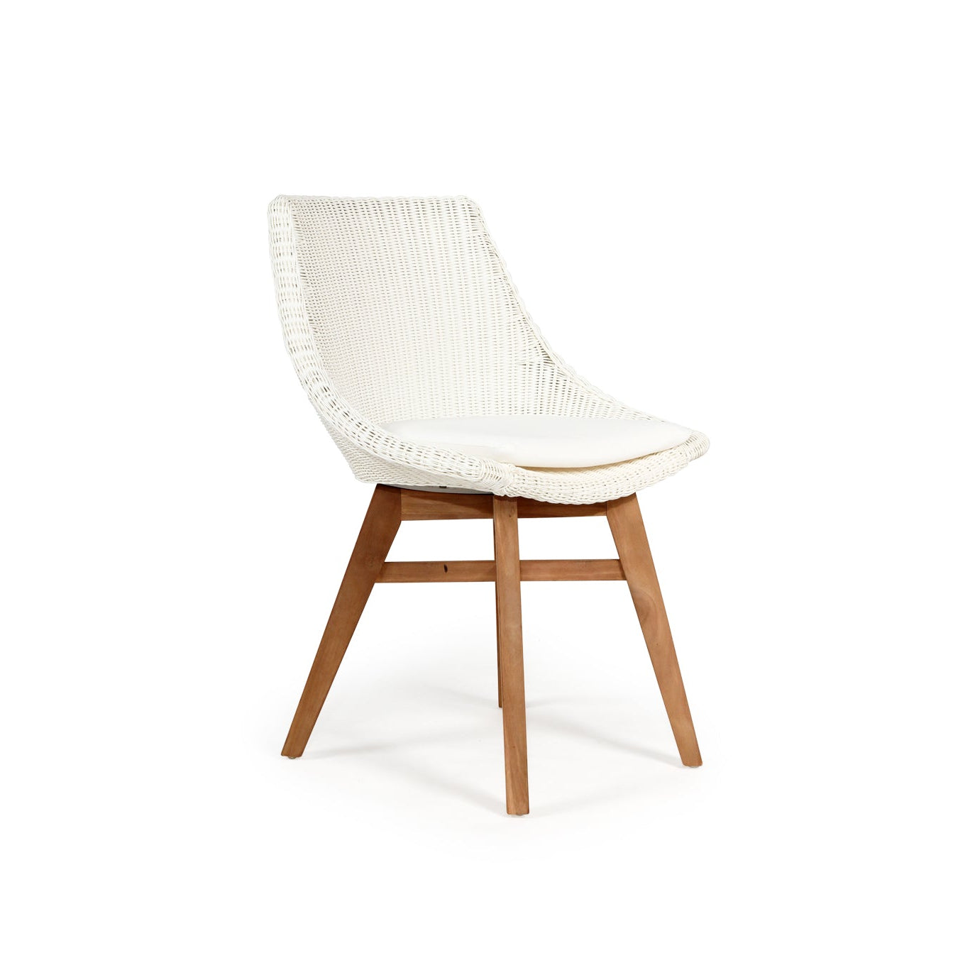 Angled view of Beach House Outdoor Dining Chair with natural teak frame and white woven cord