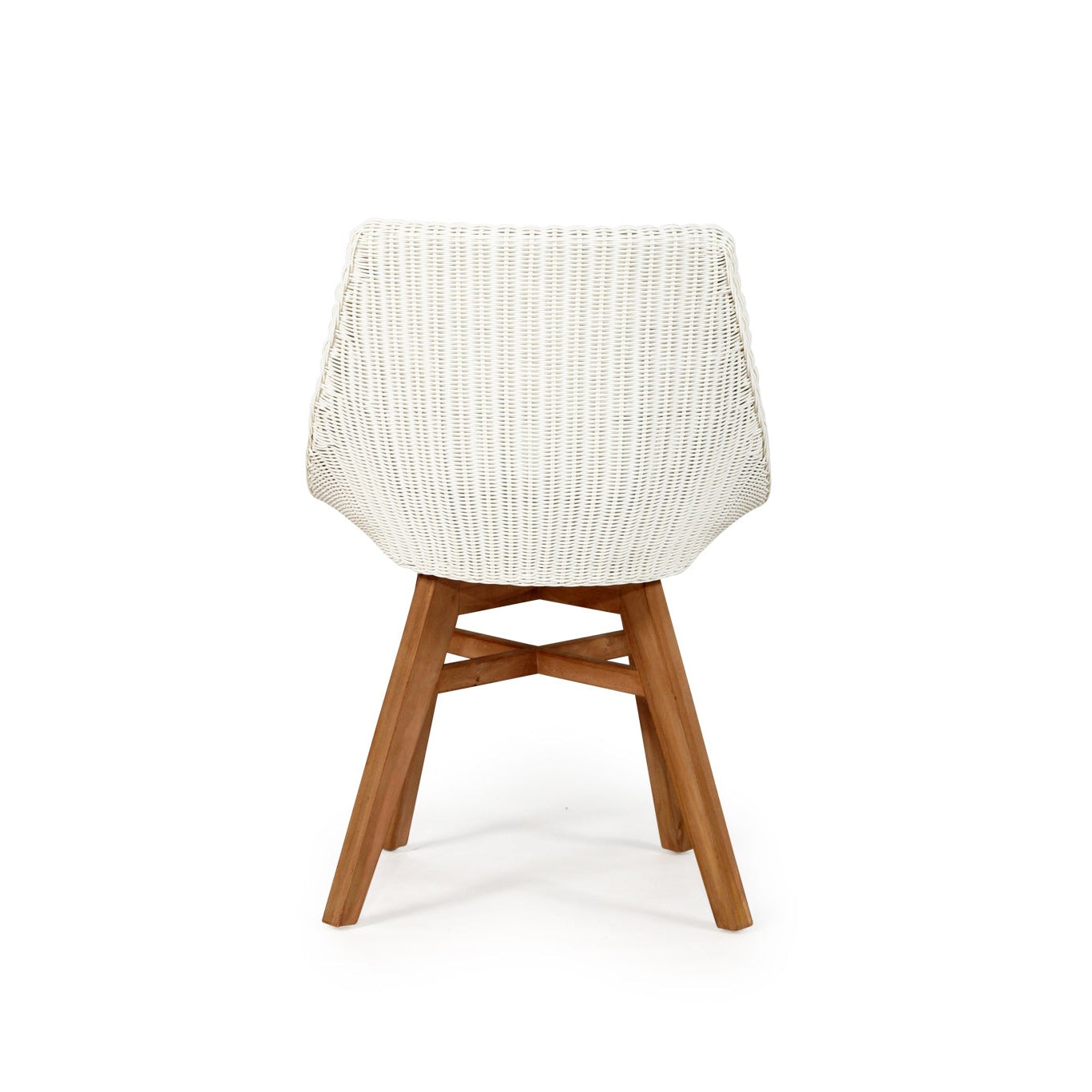 Back view of Beach House Outdoor Dining Chair showing white woven cord and natural teak frame