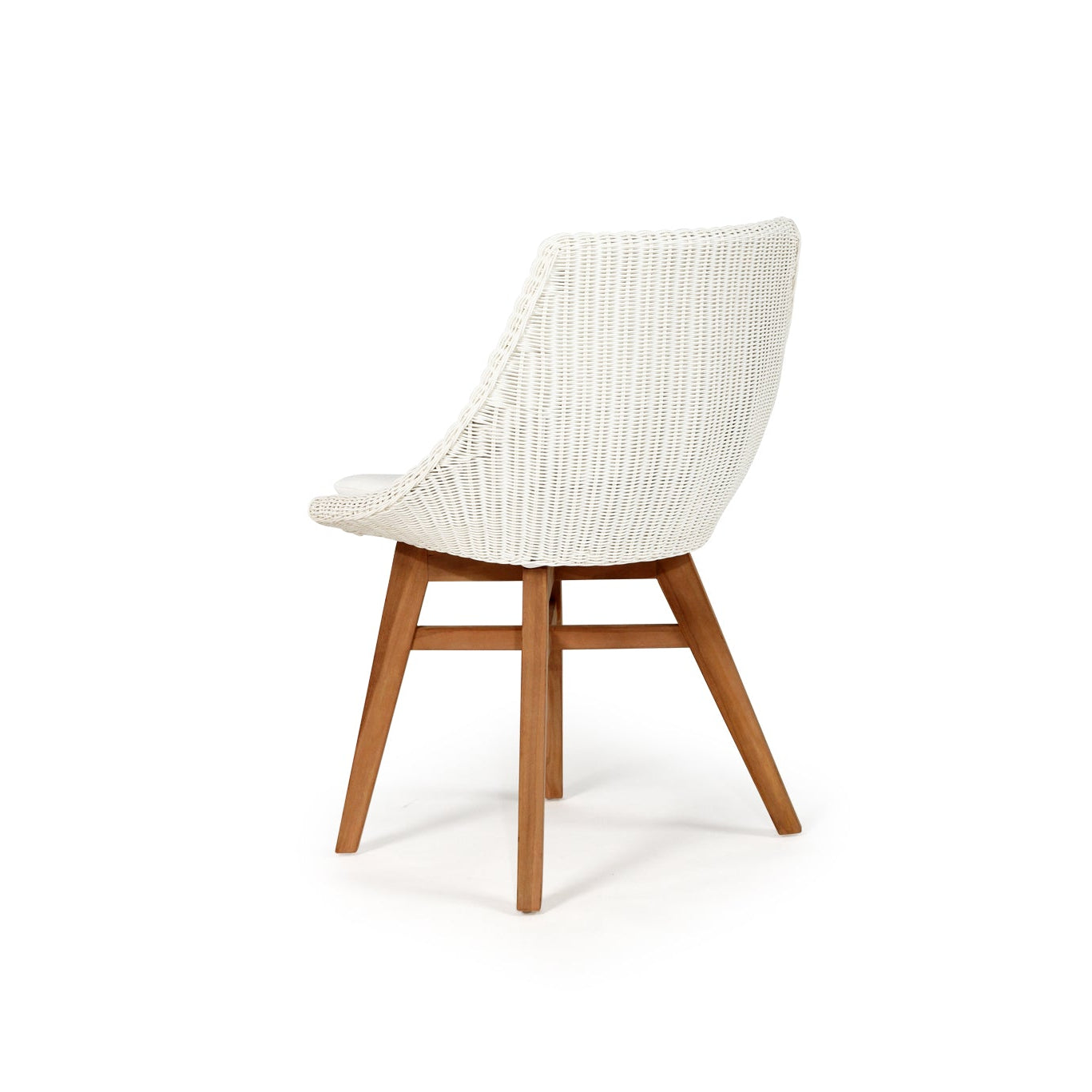 Rear angled view of Beach House Outdoor Dining Chair in white Viro cord and natural teak