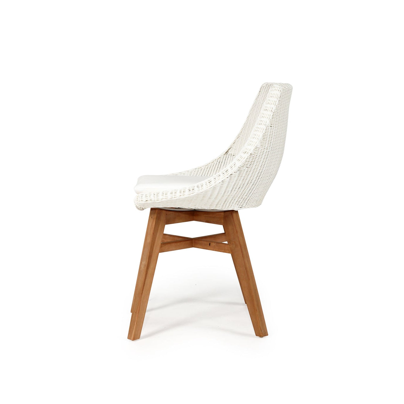 Side view of Beach House Outdoor Dining Chair showing solid teak frame and white Viro cord