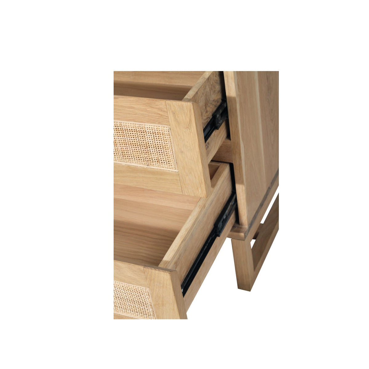 Beach House Wide bedside table with drawer open, showing the drawer runners