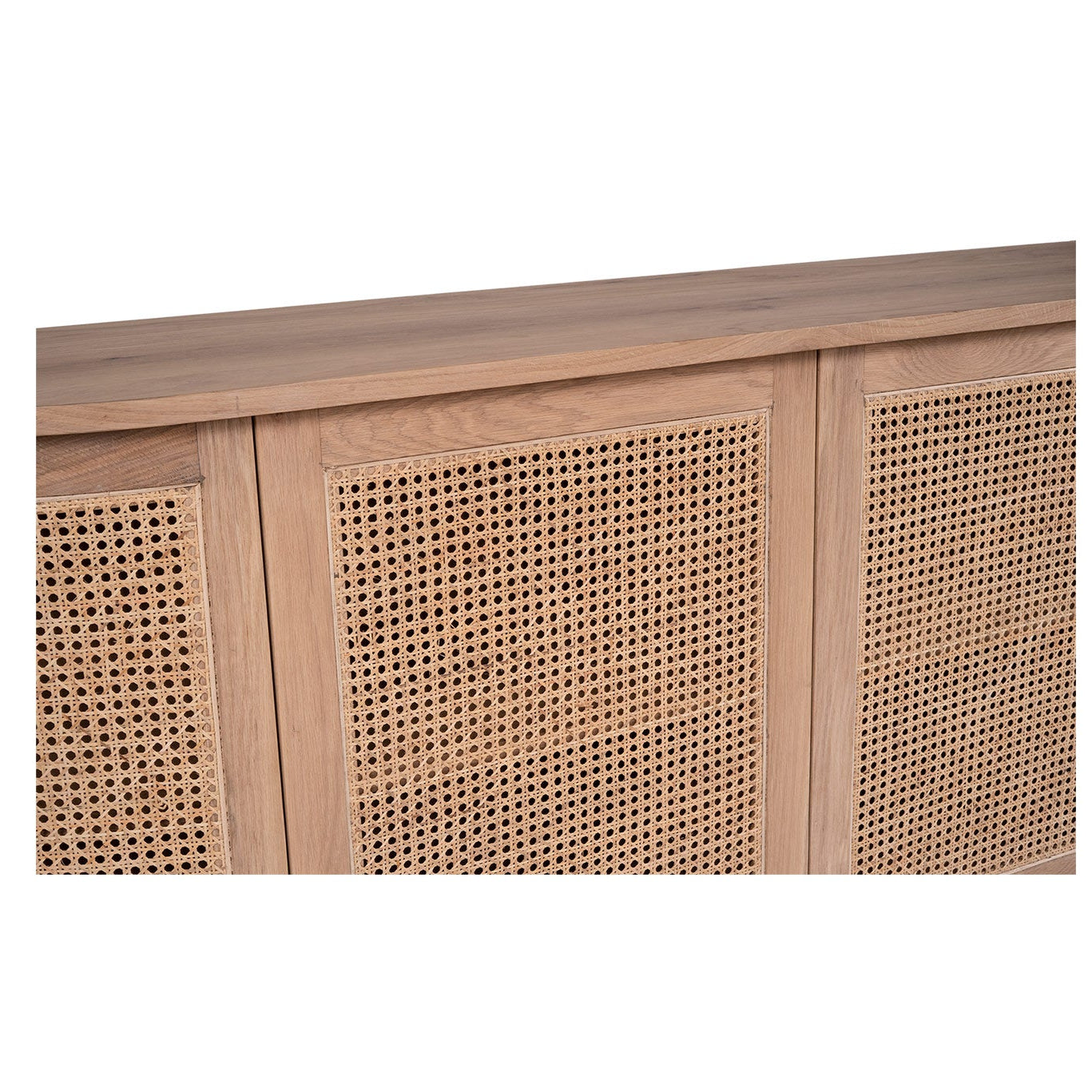 Natural rattan door detail on solid oak sideboard close up
