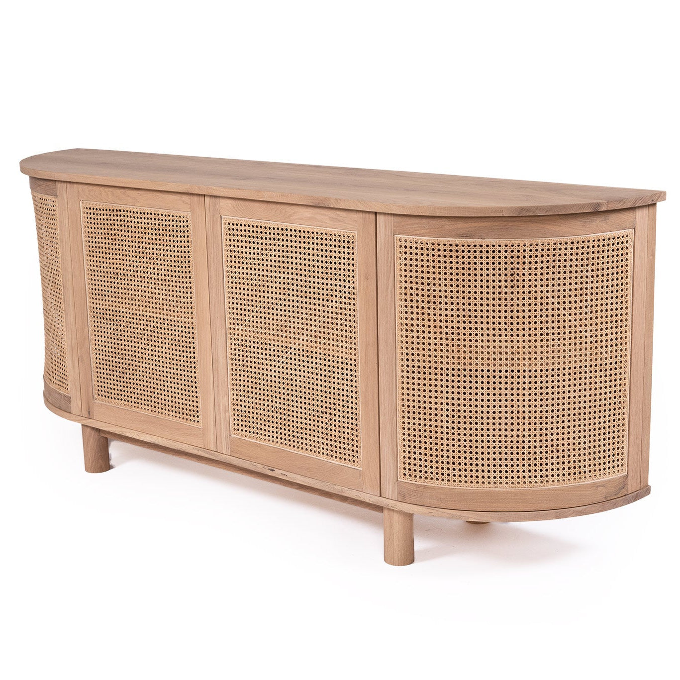 Solid American oak sideboard with curved edges and rattan doors angled front view