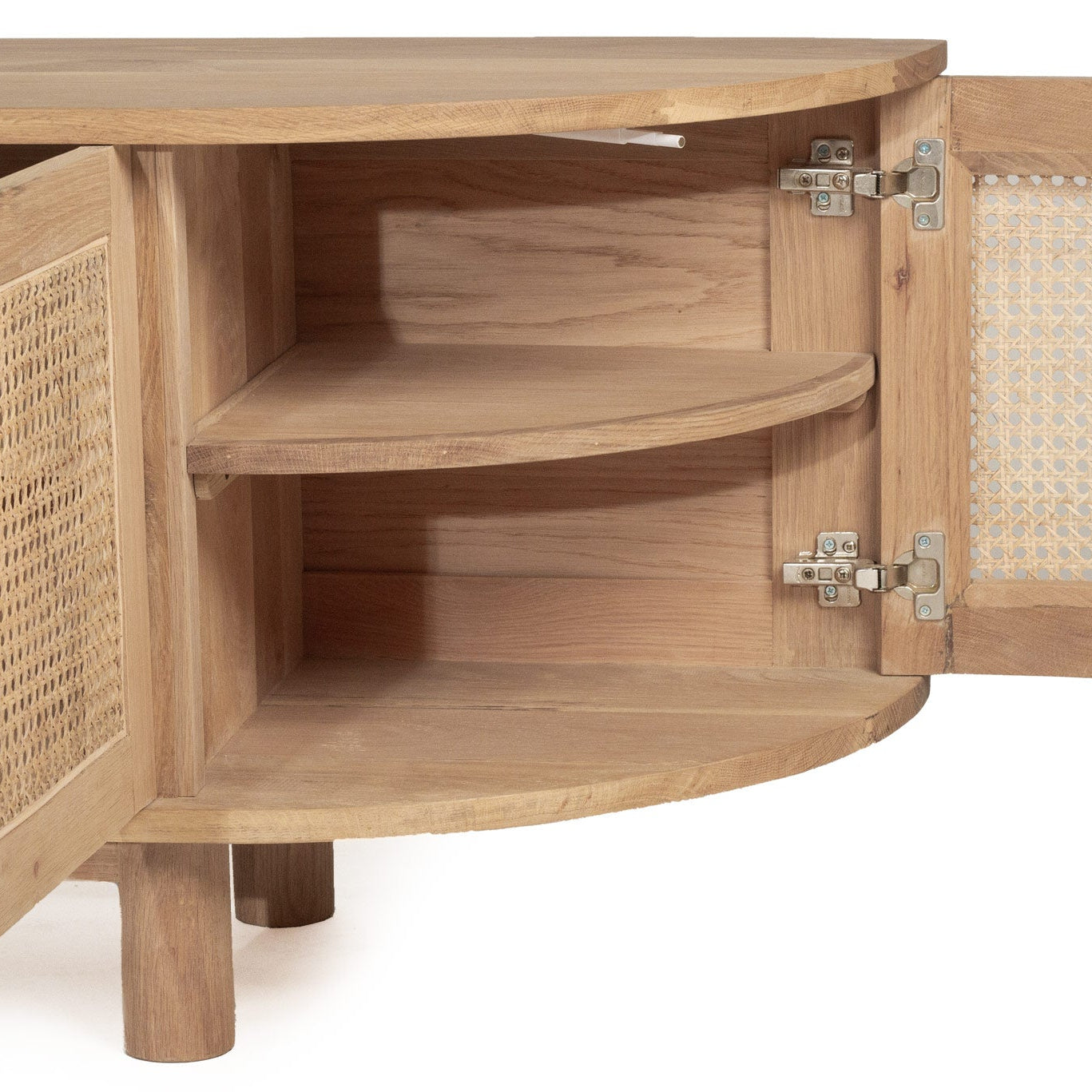 Beach Six Door Entertainment Unit corner view with doors open showing internal shelving and storage