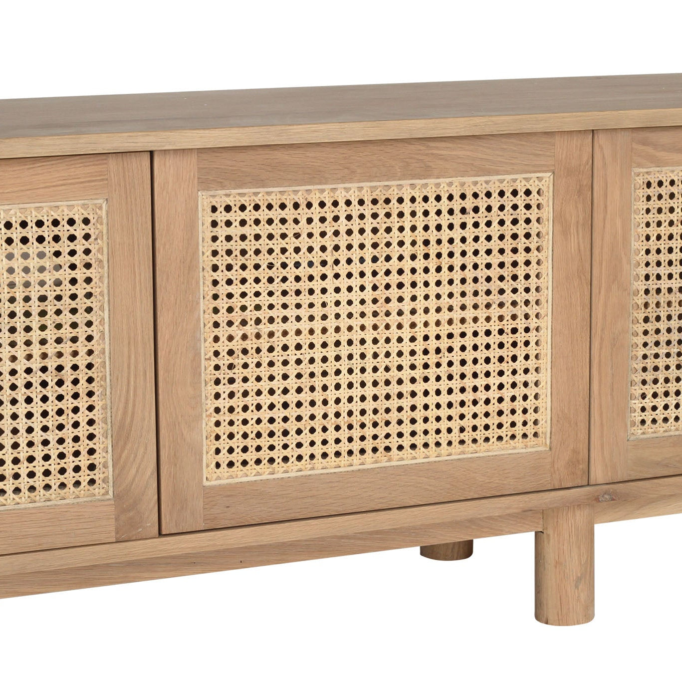 Natural rattan door panel detailing on Beach Six Door Entertainment Unit in American oak – close-up